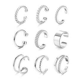 Morfetto 9pcs Gold Ear Cuff Earrings Non Piercing Fake Cartilage Cuff Earrings Conch Silver Cuffs Earrings for Women Clips Wraps Chunky Ear Cuff Silver