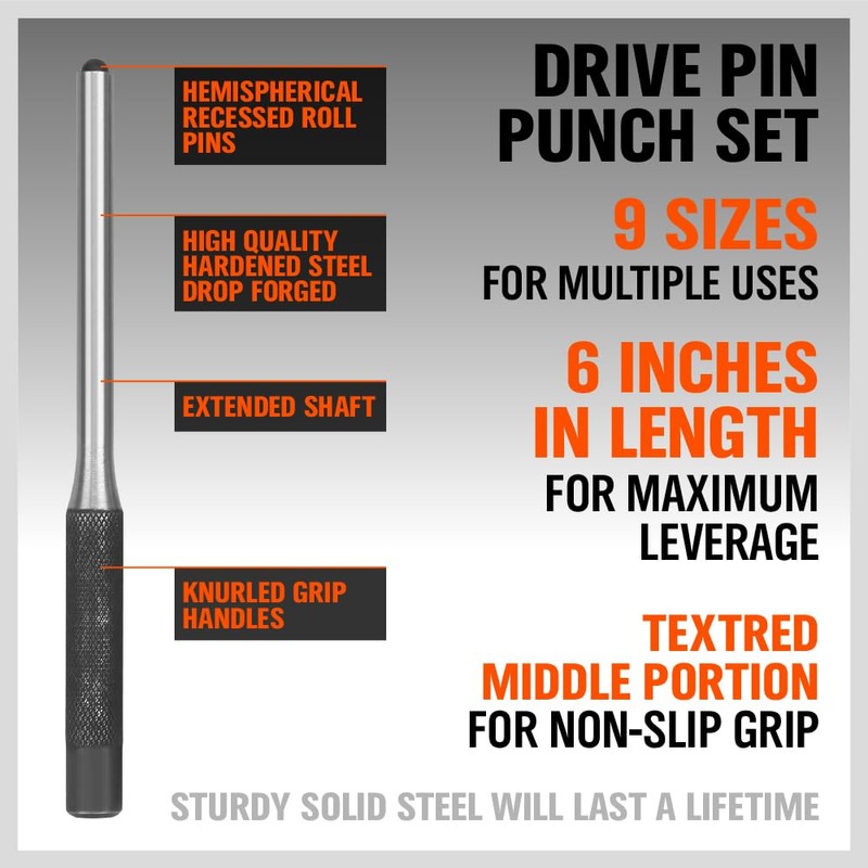 9 Pieces Roll Pin Punch Set, HORUSDY Removing Repair Tool