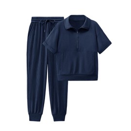 BTFBM Women's Summer 2 Piece Outfits Short Sleeve Half Zip Sweatshirt Jogger Sweatpants Sets Lounge Sweatsuits Tracksuit(Solid Navy,Small)