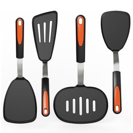 Silicone Spatula Turner Set of 4, GEEKHOM 600°F Heat Resistant Cooking Spatulas for Nonstick Cookware, Large Flexible Kitchen Utensils BPA Free Rubber Spatulas for Pancake, Eggs, Fish, Black/Orange
