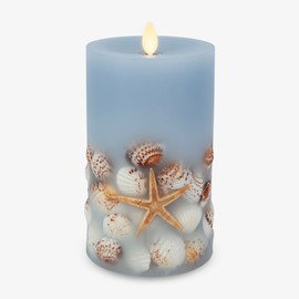 Luminara Flameless LED Candle Soft Chambray Embedded Seashell & Starfish Moving Flame Pillar Unscented Real Wax with Recessed Edge (6.5-inch)
