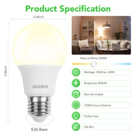 BUBO A19 LED Light Bulbs, 60 Watt Equivalent LED Bulbs, Natural White 3500K, 800 Lumens, E26 Standard Base, Non-Dimmable, 8W Natural White LED Bulbs for Bedroom Living Room Home Office, 24 Pack