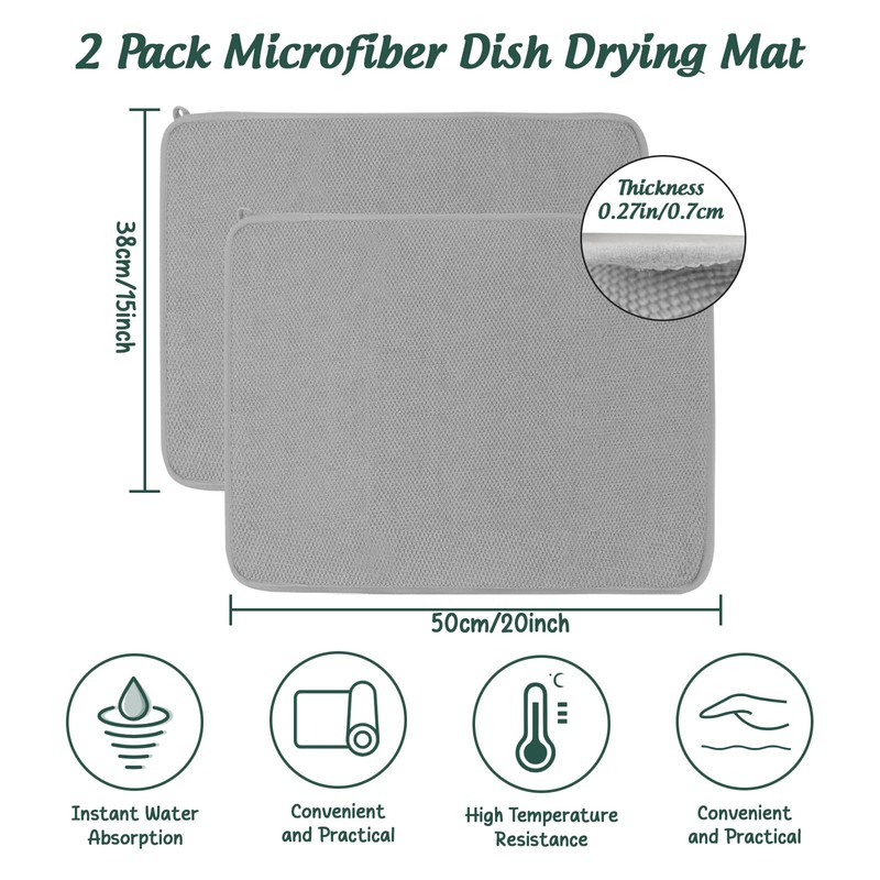 2PCS Microfibre Dish Drying Mats, 2 Pack Absorbent Dish Drainer