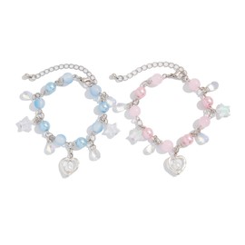 QRH 2PCS Punk Y2K Matching Bracelet for Women Men Cool Y2K Pearl Strawberry Envelope Love Heart Star Beaded Bracelets Set Aesthetic Grunge Punk Beads Bracelet for Couples Friends Jewelry Gifts,