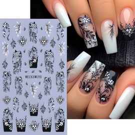 Black White Pink Vine Flowers Nail Art Stickers 3D Self-Adhesive Leaves Lines French Flower Vine Nail Decals Spring Summer Retro Flower Vine Pattern Nail Supplies for Women DIY Manicure Decoration