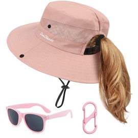 BAOPLAYKIDS Kids Sun Hat Ponytail Girls UPF 50 Bucket Cap Summer Beach Fishing Hat Kids Wide Brim Adjustable Swim Hat Solid Pink 8-12T