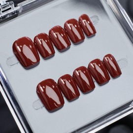 Cherry Red Handmade Press on Nails Short Square Shaped Fake Nails Designs Thickened Acrylic Nails Full Cover Solid Color Muti-Layer Gel Stick on Nail Glossy Artificial False Nails for Women (M)