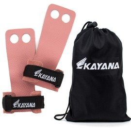 KAYANA 2 Hole Leather Gymnastics Hand Grips - Palm Protection and Wrist Support for Cross Training, Kettlebells, Pull ups, Weightlifting, Chin ups, Workout, & Exercise (Pink, X-Small)