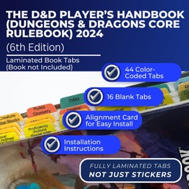 Book Tabs for The D&D Player’s Handbook (Dungeons & Dragons Core Rulebook) 2024 6th Edition. Laminated, Durable, Color-Coded Repositionable Tabs (Book not Inlcluded)