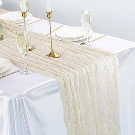 1 Pcs Camino de Mesa, Caminos de Mesa de Gasa de 13.1 Pies/4 Metro, Mantel de Boda rústico Bohemio, Elegantes para Decoración De Mesa Y Boda, Novia, Baby Shower, Fiesta de Cumpleaños, 90*400cm (Crema)