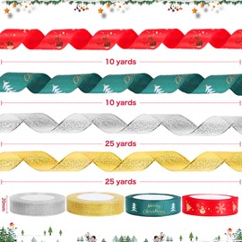 Christmas Ribbon, 20mm Christmas Satin Ribbon for Gift Wrapping, 4 Rolls 70 Yards Xmas Gifts Ribbon for Christmas Wrapping, Wedding, Valentine Ribbon, Xmas Decoration DIY Crafts