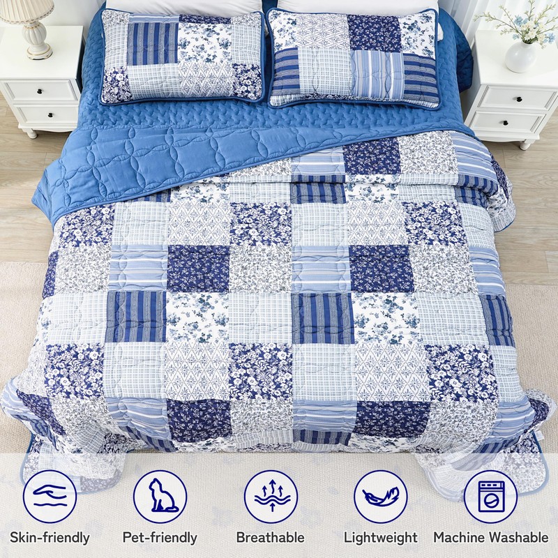 Full Queen Size Quilt Set Blue Floral Bedding Set 3-Piece