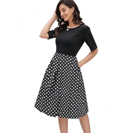 oxiuly Women's Vintage Patchwork Pockets Puffy Swing Casual Party Work Dress OX165 (Black, L)