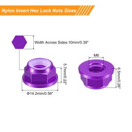 sourcing map Nylon Insert Hex Lock Nuts, 4pcs - M6 x 1mm Aluminum Alloy Self-Locking Nut, Anodizing Flange Lock Nut for Fasteners(Purple)