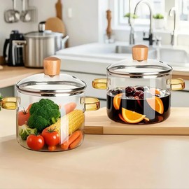 2-Piece Glass Saucepan Set with Lid, Heat-Resistant Borosilicate Simmer Pots for Soups, Sauces, Pasta, Milk, Baby Food, Durable & Transparent Glass Cookware for Stovetop Use