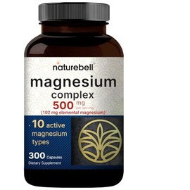 NatureBell - Suplemento complejo de magnesio de 500 mg, 300 cápsulas, 10 formas activas, glicinato, citrato, taurato y más, 100 % quelado y purificado