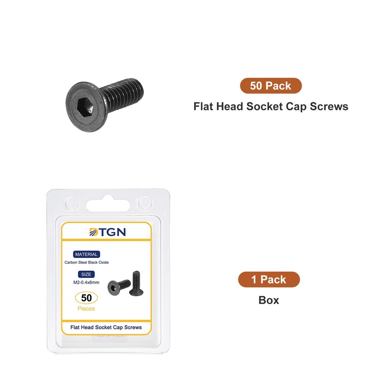 DTGN M2-0.4x6mm Flat Head Socket Cap Screws, 50 Pack Hex