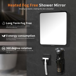 Fog free shower mirror - rotatable, adjustable shaver hook, suitable for both men and women with makeup mirrors, shower accessories, bathroom anti fog mirror (8 * 7 inches), shaver holder (black)