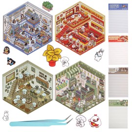 3D House Stickers, DIY Sticker Therapy for Adult Fun Cute Cartoon Stickers Scene Make Your Own Mini Room Scenes Miniature Supermarket for Relief Stress Pass The Time (4 Pcs)
