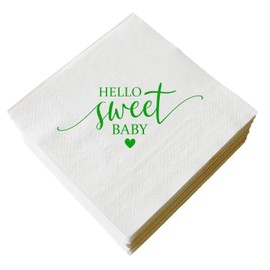 50 Pcs Hello Sweet Baby Paper Napkins Green Foil and White Baby Shower Napkin Bar Berverage Luncheon Dinner Cocktail Napkins for Neutral Boy Girl Gender Reveal Party Decorations 3 Ply