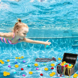 121 PCS Pool Diving Toys Kids Swimming Pool Toys Pirate Treasure Chest Box with Dive Jewels Gold Coins Necklace for Kids