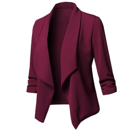 AliChan Womens Casual Blazer Lightweight 3/4 Sleeves Short Open Front Office Jacket, Wine Red-S