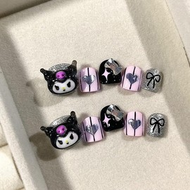 Handmade Children's Press On Nails Short MouyouGlow, Children Cute Kawaii Carton 3D Bow Kuro with Heart Glitter Fake Nails with Nail Glue Sticker, Kids Acrylic Artificial Children's Fingernails CH13