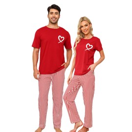 EISHOPEER Mens Pajamas Set Cotton Soft Sleepwear Long Sleeve Heart Top &Pants Wine Red Striped Large
