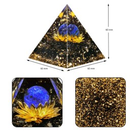 KYEYGWO Lapis Lazuli Positive Energy Pyramid Gemstone with Lotus Flower, Reiki Healing Crystal Ball Pyramid Chakra Crystal Pyramid Obsidian Ornament for Home Decoration Meditation
