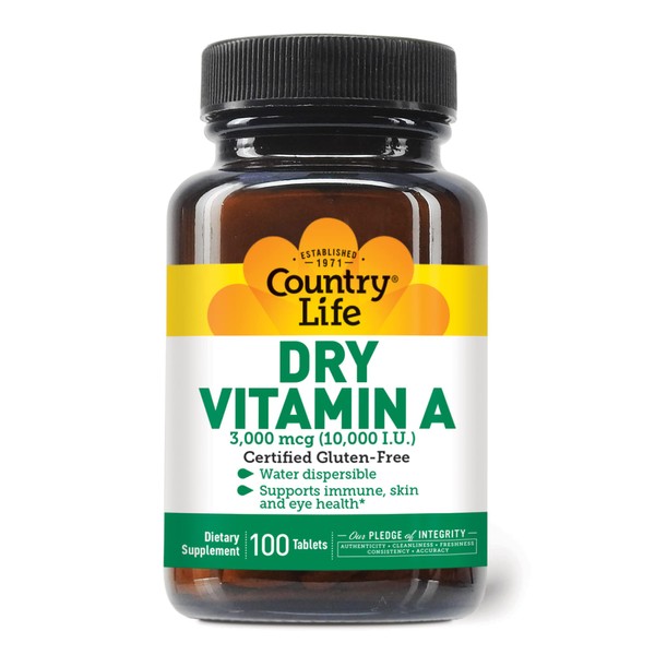 Country Life, Dry Vitamin A 10,000 I.U, Tablets, 100-Count
