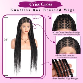 Kalyss Braided Wigs for Black Women Braided Lace Front Wigs Full Double Lace Box Braid Wig Criss Cross Knotless Braided Wigs Human Hair Blended Natural Black Cornrow Braided Wigs with Baby Hair 36"