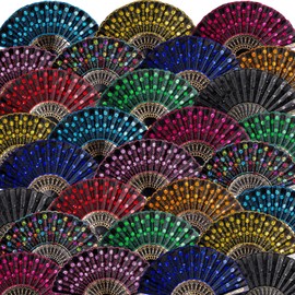 Geetery 100 Pcs Folding Hand Fan for Line Dancing Colorful Spanish Silk Sequin Fabric Popping Fans for Line Dancing Clapping Fans Bulk Boots on the Ground Fan for Women(Retro Color,Peacock Pattern)