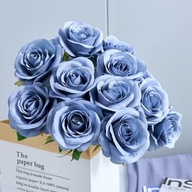 Helera 12pcs Rose Artificial Flowers Fake Roses Dusty Blue Silk Roses Blue Silk Flowers Rose with Long Stems for Wedding Home Party Centerpieces Decorations