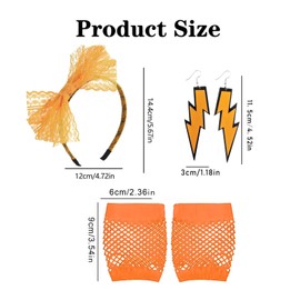 5 Pcs 80s Fancy Dress Costume Accessories, Lace Bow Headband, orange Fishnet Gloves, Earrings, Elastic Women's Neon Lace Headband Earrings Fishnet for Women Gloves 80s Retro Party
