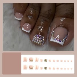 24 Pcs Press on Toenails Short,YIHONGYAN Pink Fake Toe Nail Press ons White French Toe Nail Tip Acrylic Kit Glue on Nails Full Cover False Toenails 3D Rhinestones Design Stick on Toenails for Women