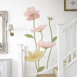 Pink/Yellow Daisy Wall Decals Peel and Stick 61" H x 31.1" W Boho Floral Wall Sticker Vintage Wildflower Wall Murals Removable Flower Wall Decor for Nursery Bedroom Living Room