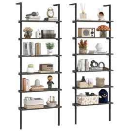 Giantex 6-Tier Ladder Shelves Set of 2, 72" Wall Mounted Bookshelf with Metal Frame, Industrial Open Storage Shelves, Wooden Bookcase Display Rack for Living Room, Home Office, Bedroom, Gray