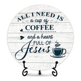 Coffee Bar Sign, Christian Coffee Decorations for Coffee Bar, Farmhouse Round Wood Plaque with Stand, Coffee And Jesus Themed Coffee Signs for Coffee Station Home Office, Coffee Lover Gifts (10)