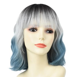 BUYOGET Wavy Bob Wig with Bangs Synthetic Hair Shoulder Length 12 Inch Short Curly Wigs for Women Ombre Silver to Blue
