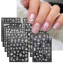 10 Sheets Snowflake Nail Art Stickers 3D Self Adhesive Christmas Nail Stickers for Nail Art Black White Gold Silver Snowflake Nail Decals with Winter Snow Nail Design Stickers for Women