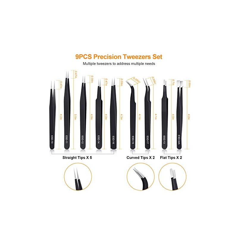 kaverme 9PCS Precision Tweezers Set, Upgraded Anti-Static Stainless Steel