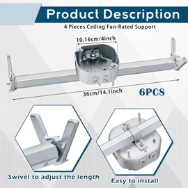 Therwen 6 Pcs Adjustable Fan Electrical Box Brace 14.2 Inches Long Silver Ceiling Fan Mounting Bracket for Fans and Light Fixtures