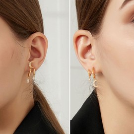 Gold Hoop Earrigs for Women 14K Gold Plated Lightweight Chunky Gold Hoops Jewelry Hypoallergenic Dainty Earring Studs Trendy Moon Hoops Illusion Earrings Double Huggie Hoop Earrings