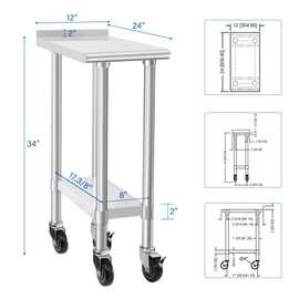 HARDURA Stainless Steel Commercial Work Table with Wheels Prep & Work Metal Table 24×12 Inches Heavy Duty NSF with Casters and 2" Backsplash