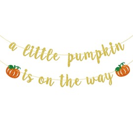 Banner con texto en inglés «A little Pumpkin Is On The Way», pancarta de baby shower, temática de calabaza, revelación de género, decoración de fiesta temática de otoño