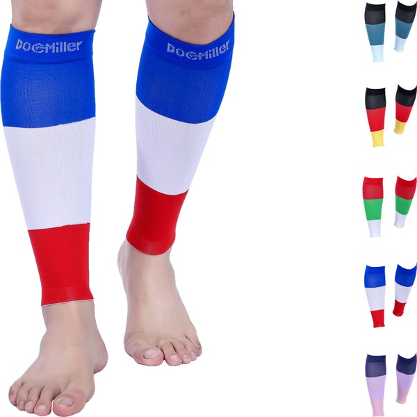 Doc Miller Calf Sleeves for Men and Women 15-20mmHg, Calf Compression Sleeve Men, 1 Pair Petite Shin Splint Compression Sleeve Recover Varicose Veins and Pain Relief, Blue White and Red, Small