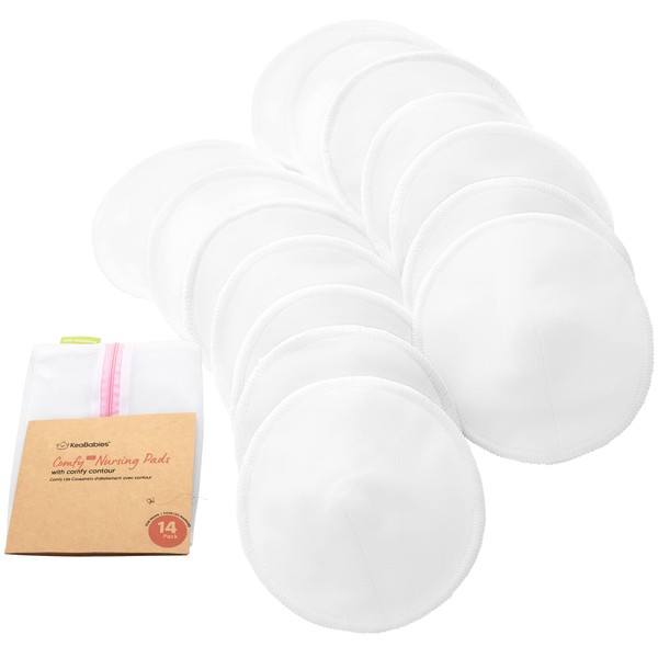 Nursing Breast Pads - 14 Organic Washable Pads + Wash Bag, 3-Layers Breastfeeding Nipple Pad for Maternity, Reusable Nipplecovers for Breast Feeding(Soft White Lite, L 4.8")