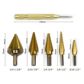 Broca Escalonada Conica HSS Acero Rapido Kit Taladro Juego 5 Brocas + Punzon Diseño de cuchillas de corte doble, 50 tamaños con carcasa de aluminio