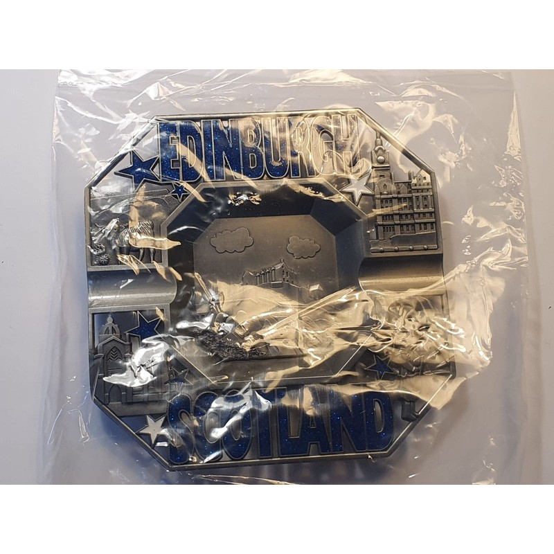Edinburgh Scotland Metal Ashtray - Castle/Scottish Piper/Highland Cattle/Words in Blue