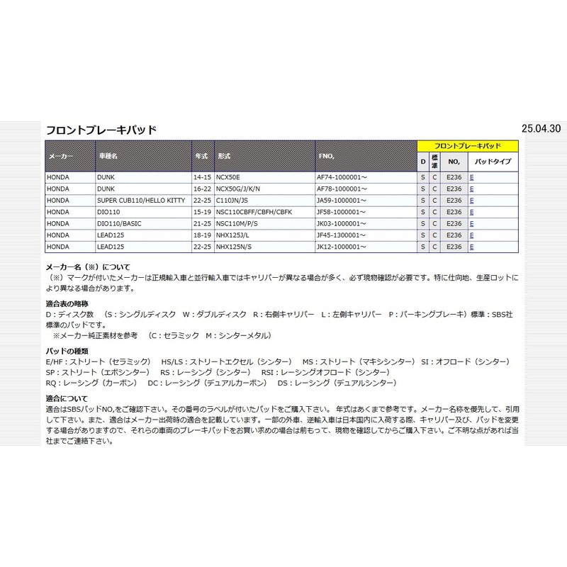 Kitaco SBS Brake Pad E236 Ceramic Super Cub 110 (JA59)